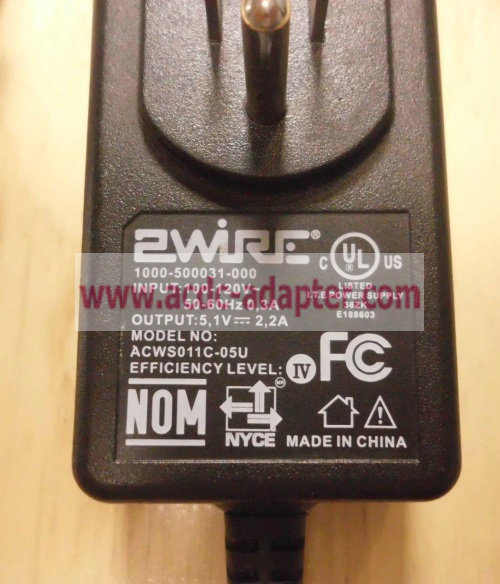 NEW 2WIRE AC DC Power Supply 5.1V 2.2A ACWS011C-05U 1000-500031-000 ac adapter NEW 2WIRE AC DC Power Supply 5.1V 2.2A ACWS011C-05U 1000-500031-000 ac adapter